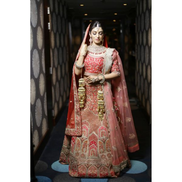 Red & Golden Bridal Lehenga on rent