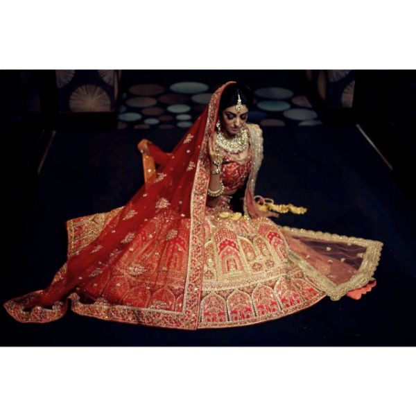 Red & Golden Bridal Lehenga on rent