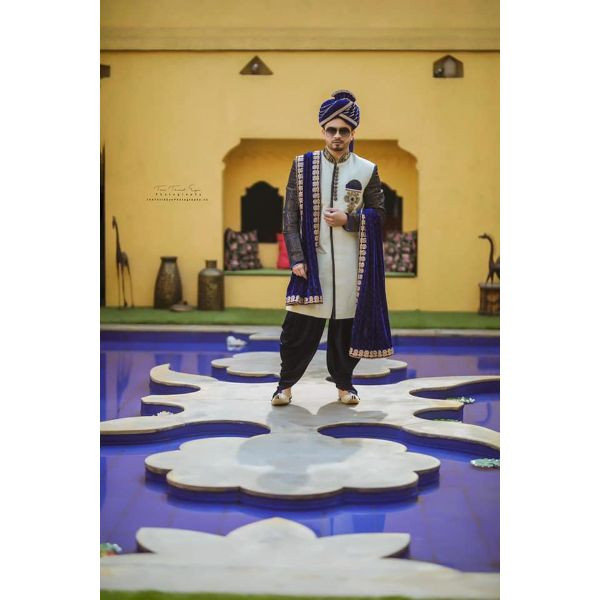 Indigo Blue & Beige Sherwani with Patiala on rent