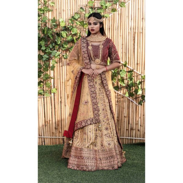 Beige & Maroon Lehenga Set on rent