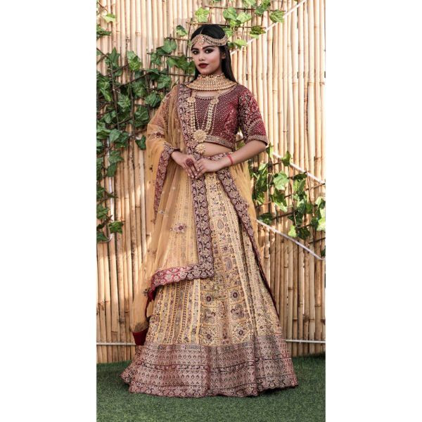 Beige & Maroon Lehenga Set on rent