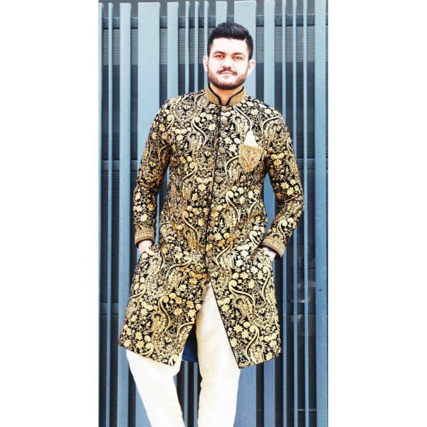 Black & Golden Sherwani with Chudidaar on rent