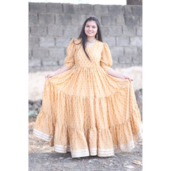 "Enchanting Elegance: Layered Full Gher Indian Gown" on rent