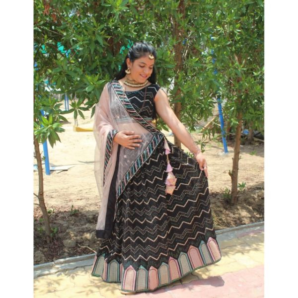 "Exquisite Ebony Embroidery: Rent this Beautiful Black Choli With Lehenga for a Mesmerizing Look" on rent