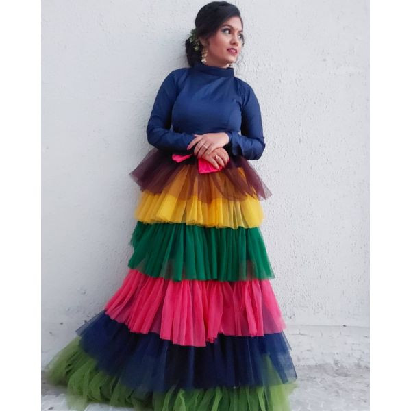 "The Enchanting Kaleidoscope Gown: A Mesmerizing Multicolored Delight" on rent