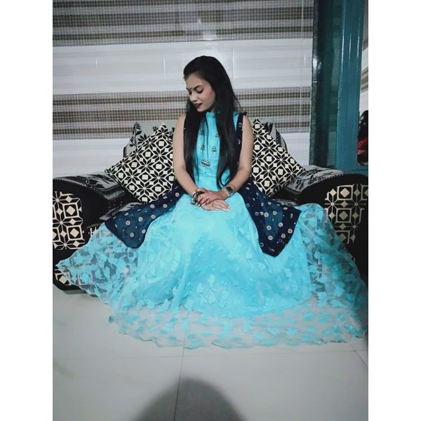  "Celestial Elegance: Sky Blue Gown with Exquisite Blue Dupatta" on rent